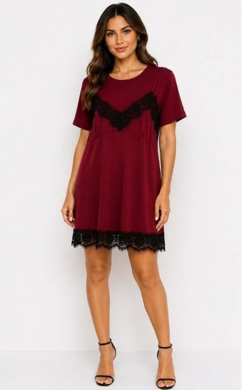 English Factory Womens Dress Small Layered 3/4 Sleeve Lace Fringe Red Lined B15
